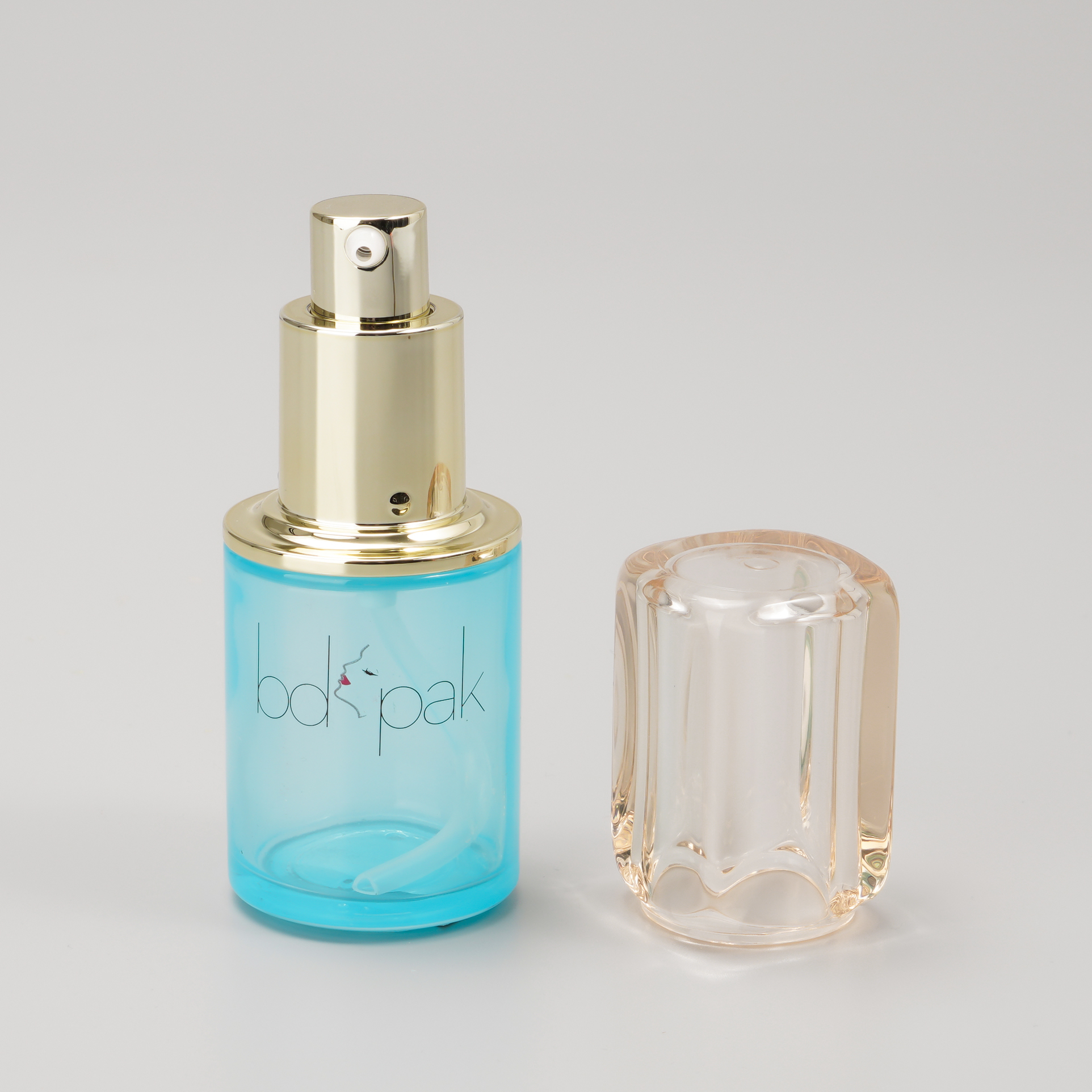 blue thick base glass pump bottle with crystal lid