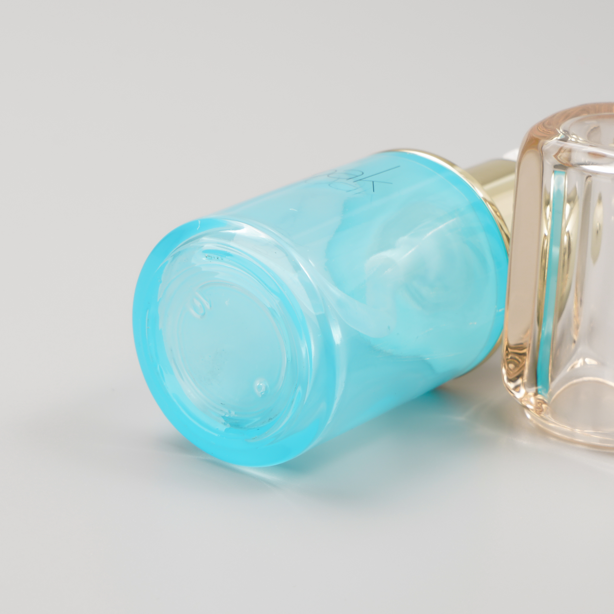 blue thick base glass pump bottle with crystal lid