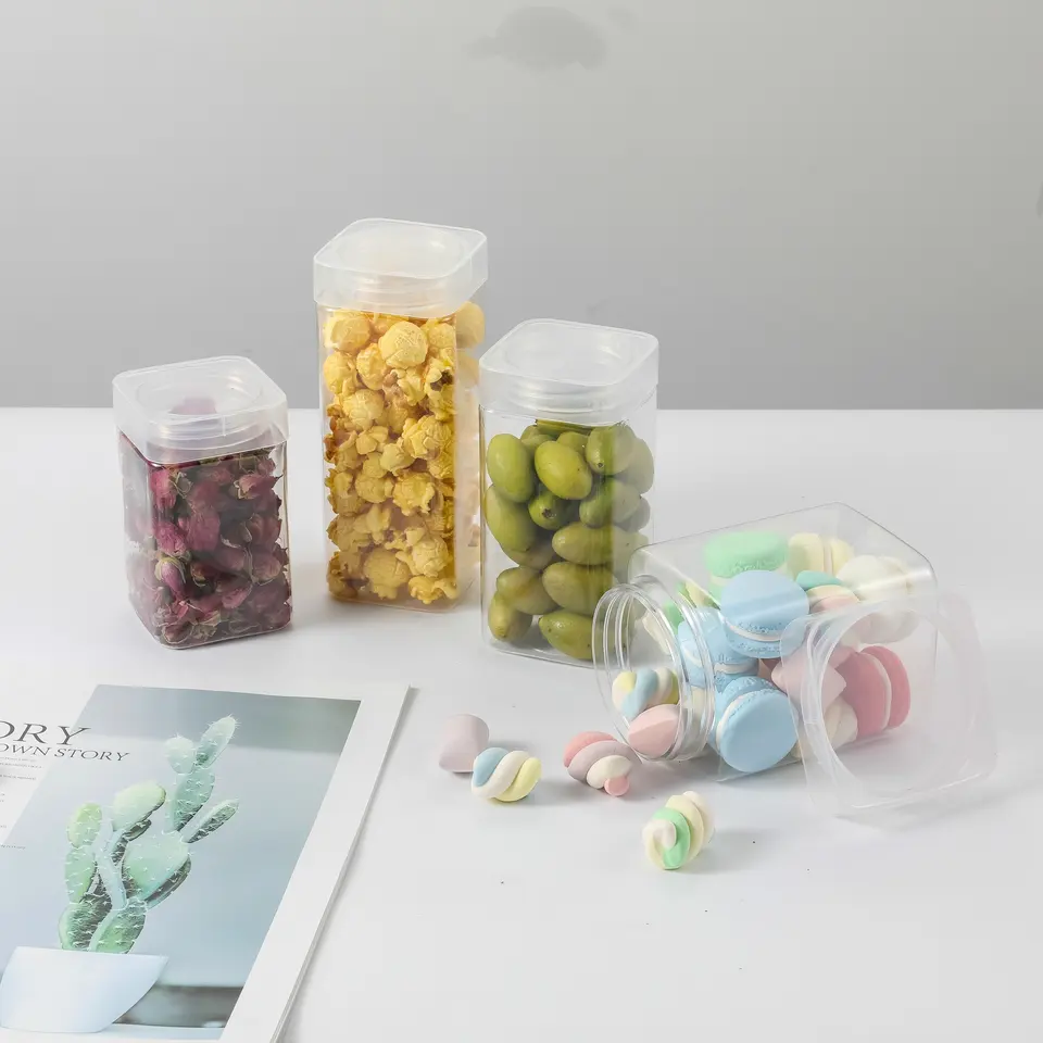 Custom Empty Clear PET Plastic Square Shape Leak Proof Gummy Jars with lid for sweets candies packaging Eco-friendly Recyclable