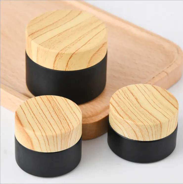 Black Frosted Glass Jar Bamboo lid for skin care