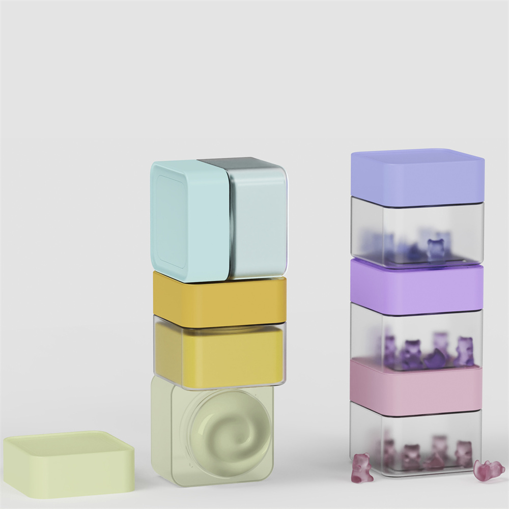 Fun Stackable Square pet Plastic Jar for gummies packaging