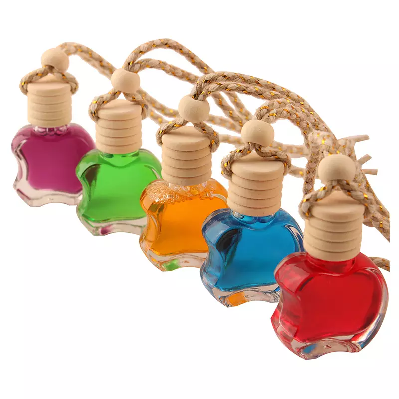 Free Sample Apple Bottle Car Pendant 10Ml Transparent Glass Perfume Empty Bottle Car Perfume Bottle with Wooden Cap