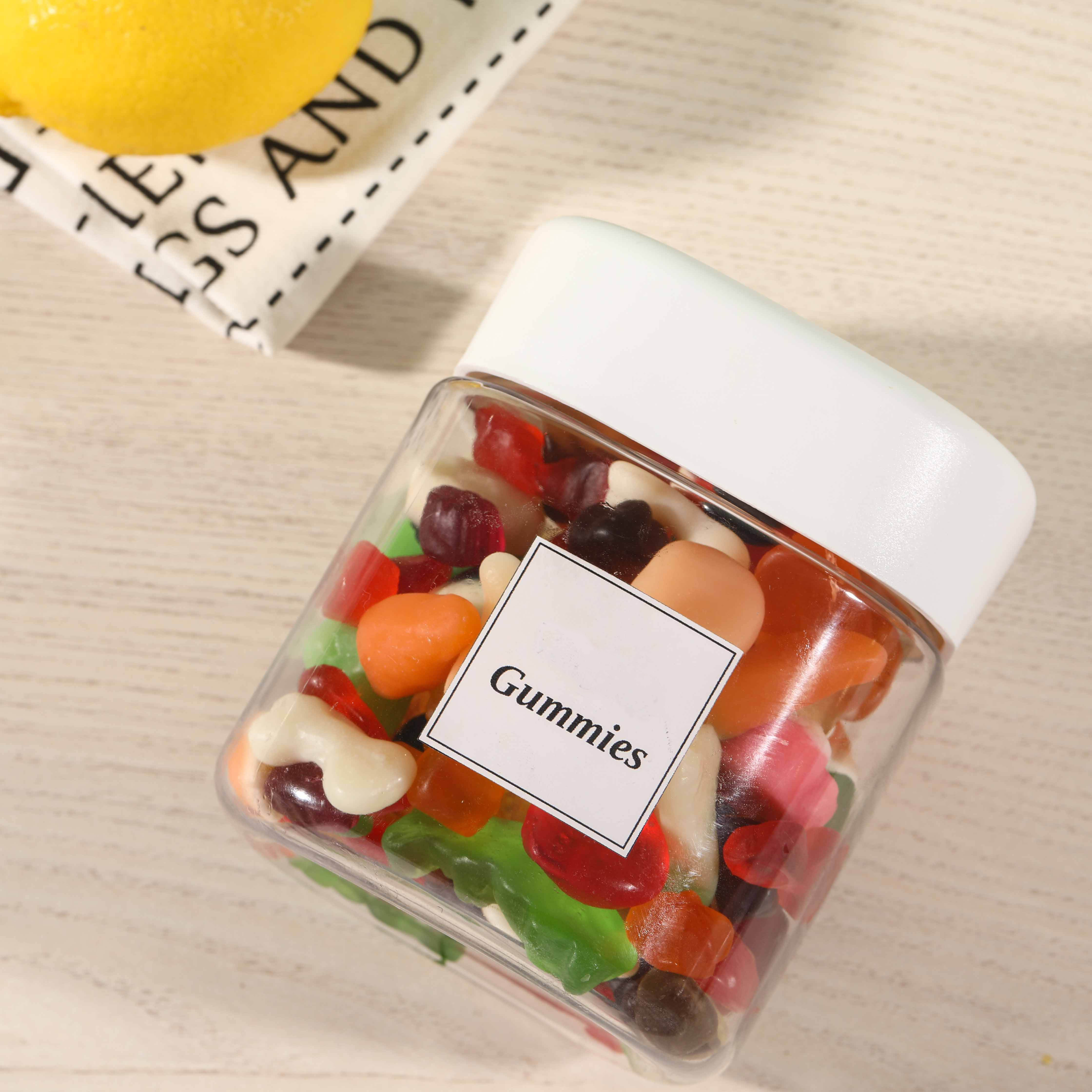 Custom Empty Clear PET Plastic Square Shape Leak Proof Gummy Jars with lid for sweets candies packaging Eco-friendly Recyclable