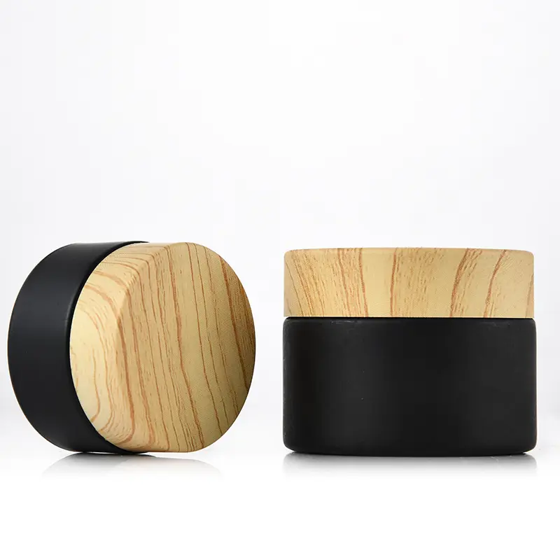 Black Frosted Glass Jar Bamboo lid for skin care