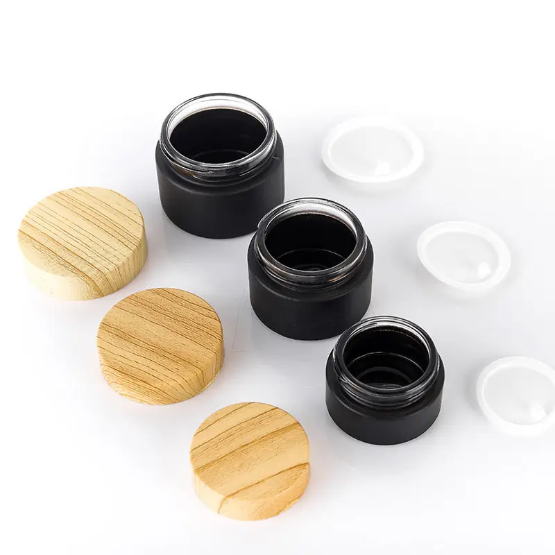 Black Frosted Glass Jar Bamboo lid for skin care